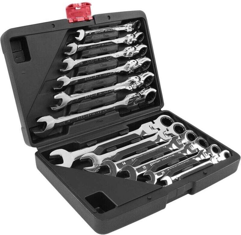 Satz mit 12 Maulschlüsseln, verstellbaren Ratschenschlüsseln, Kombinationsschlüsselsatz mit Werkzeugkasten, metrischer M...