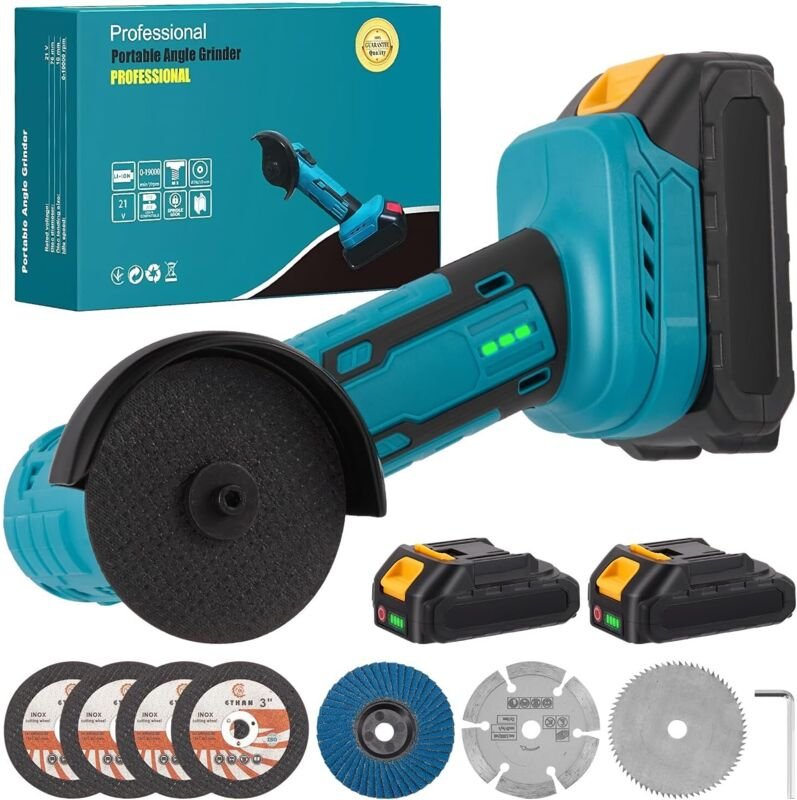 21-V-Akku-Winkelschleifer mit 2 x 2,0-Ah-Akkus und 7 Trennscheiben, 3-Zoll-Mini-Winkelschleifer mit 19.000 U/min bürsten...