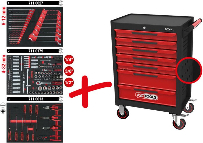 KS TOOLS ECOline SCHWARZ/ROT Werkstattwagen mit 7 Schubladen und 215 Premium-Werkzeugen - 897.7215