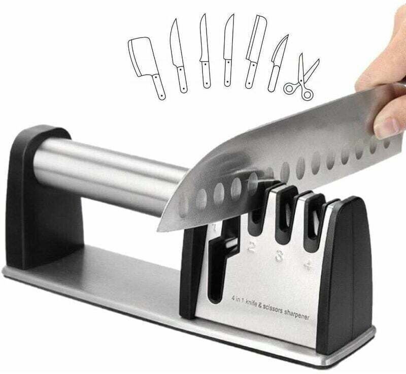 Professioneller Messerschärfer, 4-in-1 Küchenschärfer, manueller Messer- und Scherenschärfer, Schärfsystem mit Wolframst...