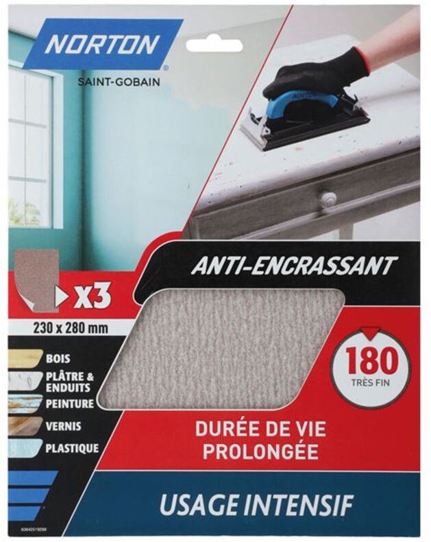 Anti-Verstopfungs-Papier Körnung 180, 3 Blätter - Norton