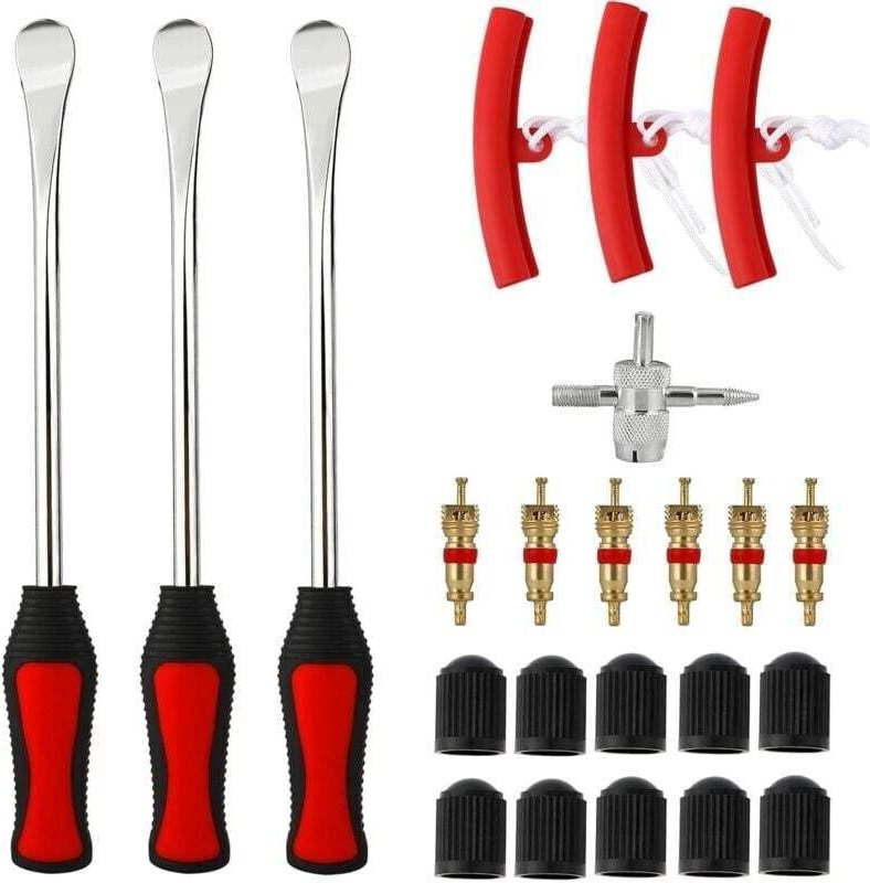 Reifenmontierhilfe-Set, 23-teilig, 3 Reifenheber, 3 Felgenschoner, Werkzeugsatz, 10 Ventilkappen und Kappen für Motorrad...