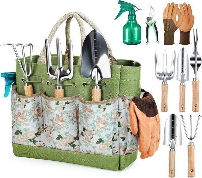 Gartenwerkzeug-Set, 9-teilig, aus Edelstahl, inklusive Aufbewahrungstasche, Gießkanne und Handschuhen – das perfekte Ges...