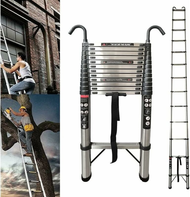 5M Teleskopleiter mit Haken Edelstahl Leiter Klappleiter Ausziehleiter Stehleiter Rutschfester, Teleskop-Design, aus hoc...