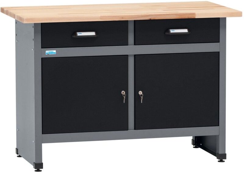 Küpper Werkbank 12059, Breite 120 cm, 2 Schubladen, 2 Türen, 300 kg Traglast, 30 mm Massive Buchenarbeitsplatte