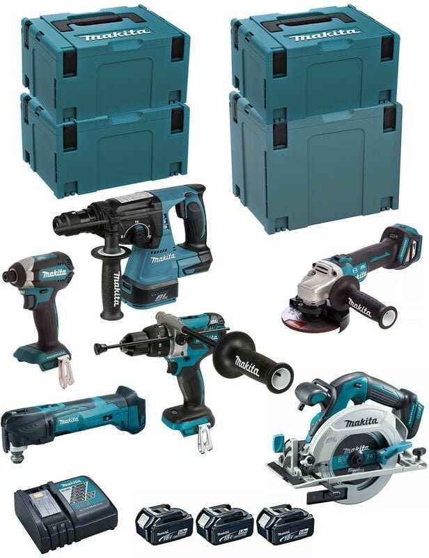 MAKITA Kit DLX6085TJ (DHR243 + DHP481 + DTD153 + DHS680 + DGA513 + DTM51 + 3 x 5,0 Ah + DC18RC + 3 x MAKPAC 3 + MAKPAC 4...