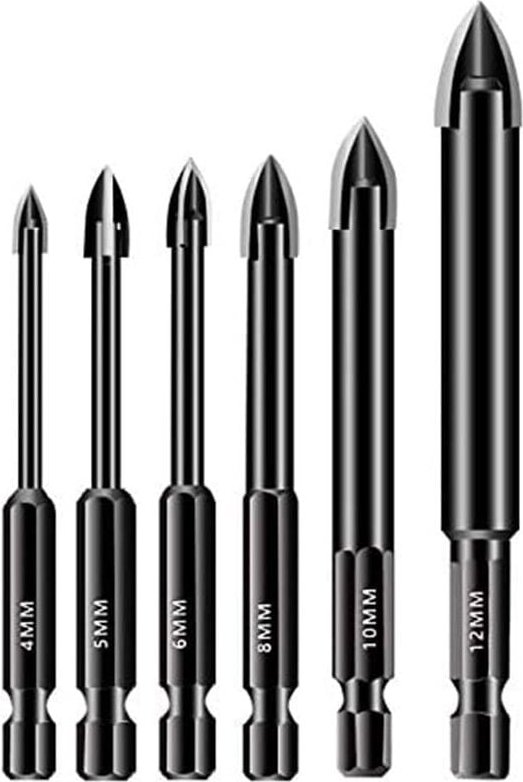6-teiliges Glasbohrer-Set, 4/5/6/8/10/12 mm, Hartmetall-Fliesenbohrer, Sechskantschaft, Speerkopfbohrer für Glas, Kerami...