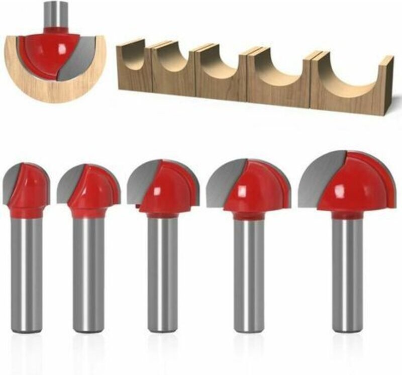 Rundboden-Holzfräser, 5-teiliges Set, 8-mm-Schaft, 12/16/19/22/25 mm, Hartmetall-Nutfräser für Oberfräsen