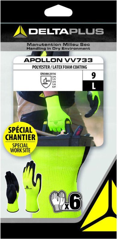 Set aus 6 Gummihandschuhen aus beschichtetem Polyester Latex10 – Delta Plus