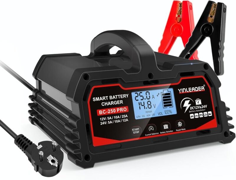 Intelligentes 25A-Autoladegerät (12V/24V, 12A/10A/5A), LCD-Ladegerät, Batterieerhaltungsladegerät für AGM-, Motorrad- un...