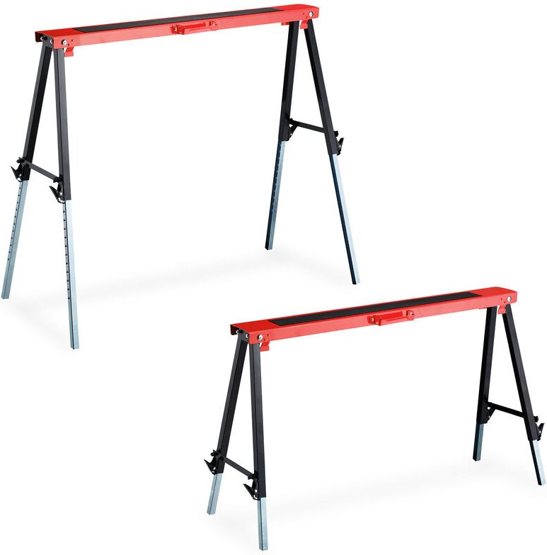 Arbeitsbock, 2er Set, 12-fach höhenverstellbar, belastbar bis 150 kg, faltbar, Tragegriffe, Klappbock, rot - Relaxdays