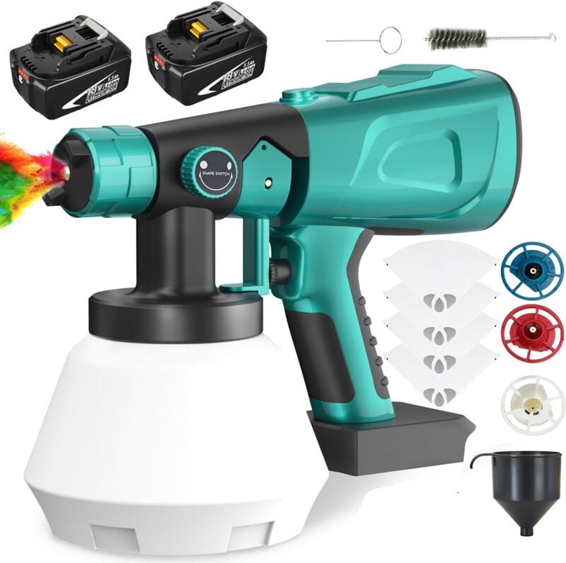 Lackpistolen, 1000 ml HVLP -Lackfarbe Farbpistole mit 4, 4 Düsen, 2x5,5 -A -Akku (kein Ladegerät), kompatibel mit der Ma...