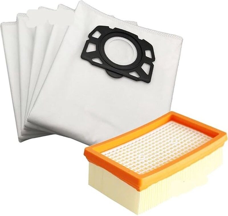 Passend für kärcher. 5 Staubsaugerbeutel + 1 Flachfilter für wd 4, wd 5, wd 6, mv 4, mv 5, mv 6.