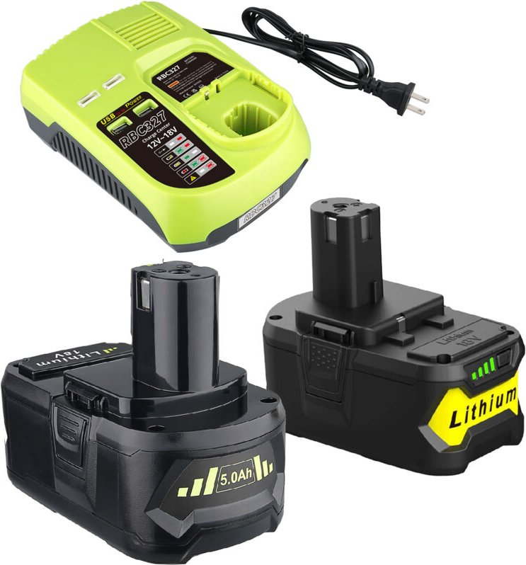 Pdstation - 2 × P108 18 v 5,0 Ah Li-on-Ersatzakkus und P117B 3A-Schnellladegerät mit USB-Anschluss, kompatibel mit Ryobi...