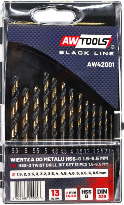 HSS M2 Awtools premium set Metallbohrer, set de 13 Stück (1,5 - 6,5 mm), hohe Präzision und Festigkeit für professionell...