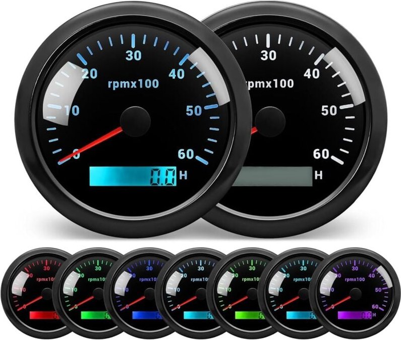 Elektronischer Drehzahlmesser mit 7 Farben, 85 mm Durchmesser (3-3/8 Zoll), schwarz, automatischer Farbwechsel, 0-6000 U...