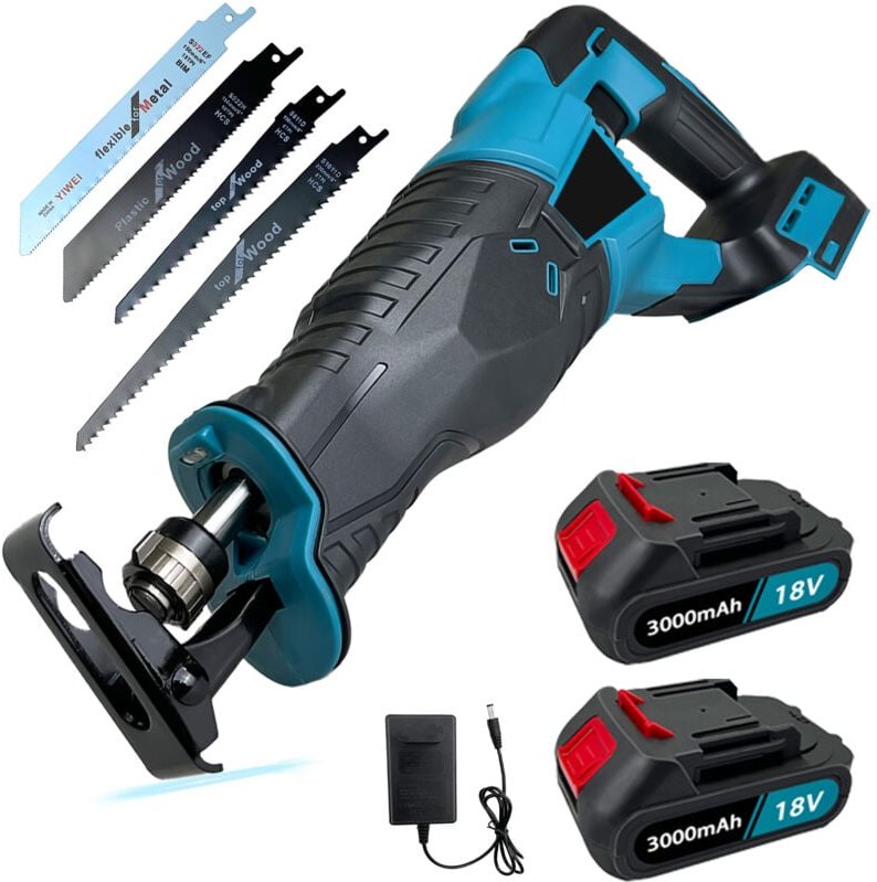 Akkus Hochleistungs-Akku-Säbelsäge, Rohrschneider für Metall und Holz mit 4 Sägeblättern, LED-Arbeitsleuchte, +2x3000-mA...