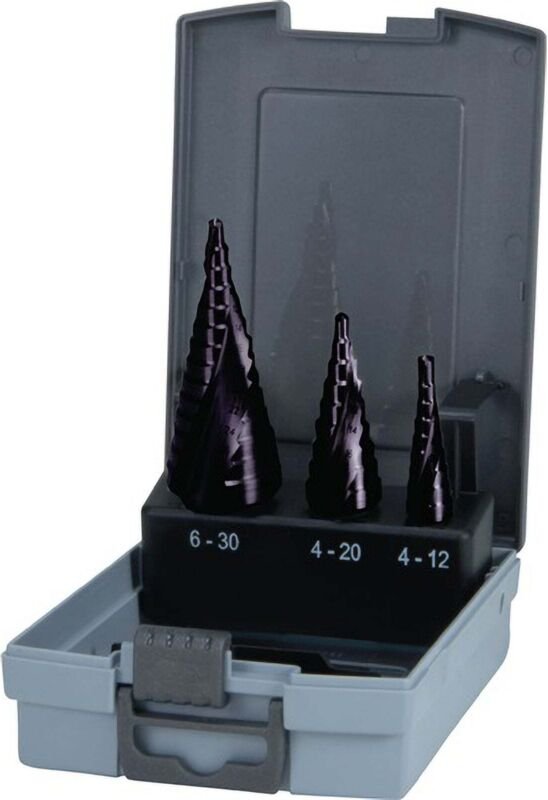 Stufenbohrersatz HSS-TiAlN spiralgenutet 3tlg. ø 4 - 12 / 4 - 20 / 4 - 30 mm in Kunststoffkassette - 101026FRO - Ruko