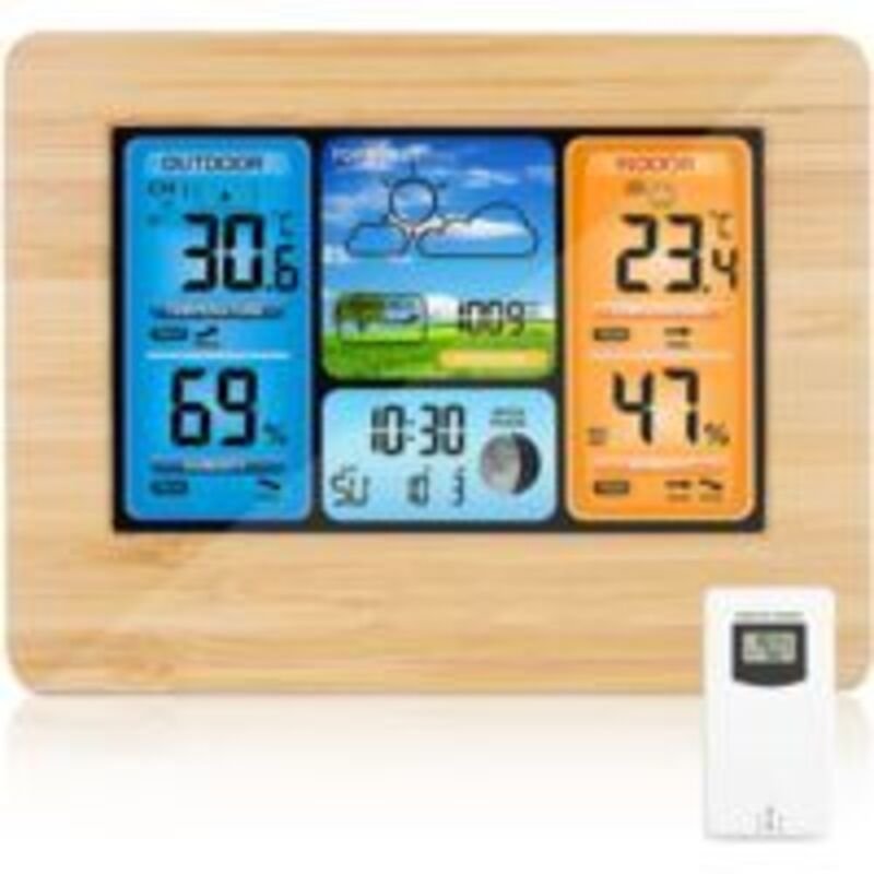 Drahtlose Wetterstation mit digitaler Farbanzeige, Wettervorhersage, Warnmeldungen,