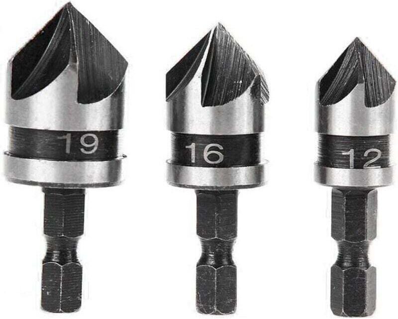 3-teiliges 90°-Fasenbohrer-Set mit 5 Schneiden für Holz und Metall, Schnellwechsel-Fasenbohrer aus Kohlenstoffstahl (1/4...