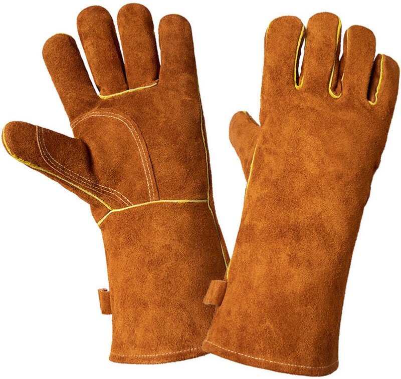 Hitze- und feuerbeständige Schweißhandschuhe aus Leder für Kamin, Grill, Schweißen, Grill, Ofen, Herd