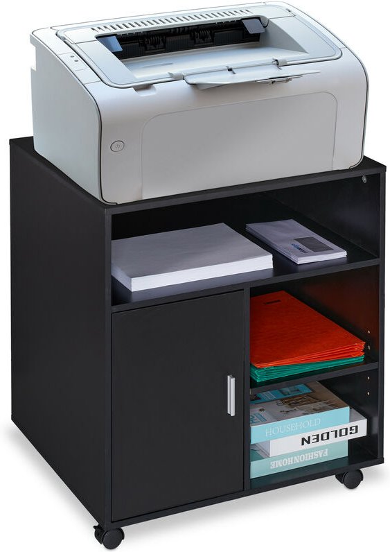 Relaxdays Rollcontainer mit 5 Fächern & Tür, Büro & Home Office, mit Rollen, Büroschrank, HBT 66,5 x 60 x 50 cm, schwarz