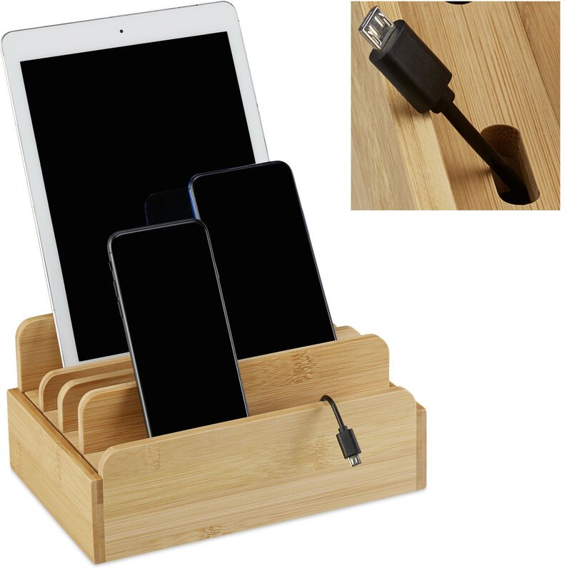 Relaxdays Ladestation Bambus, für mehrere Geräte, Tablet & Smartphone, Kabelbox Organizer, HxBxT: 10 x 22,5 x 15, natur