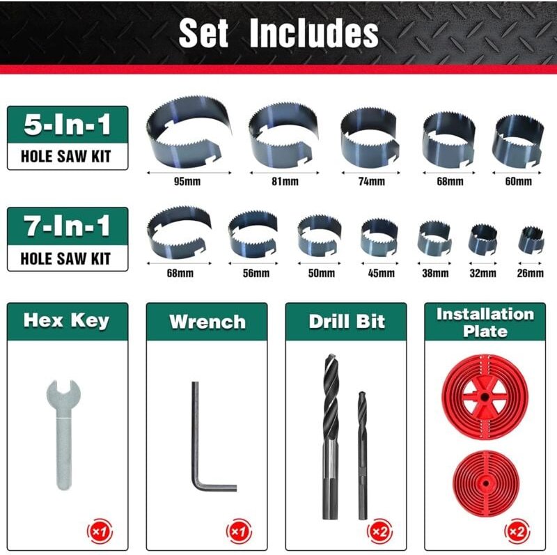 Lochsägeset, Bohrer 7 Sägeringe und 5 Sägeringe für Holz, Gipskarton, Spanplatten Löcher bohren - Hychika