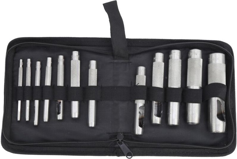 Langes Leder-Set aus Kohlenstoffstahl mit 12 Teilen - Lochwechselwerkzeug Goodel für Gürtelbeschläge von 3 bis 19 mm.