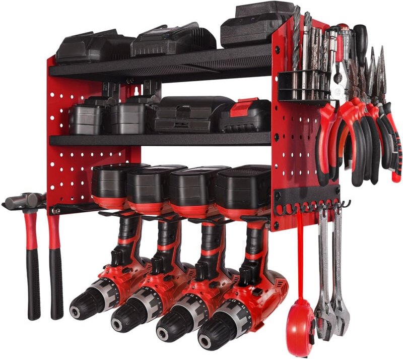 Mophorn Werkzeugaufbewahrung Wandhalterung, 3-stufiges Regal mit 4 Bohrerhaltern, Werkzeughalter mit seitlichen Lochplat...