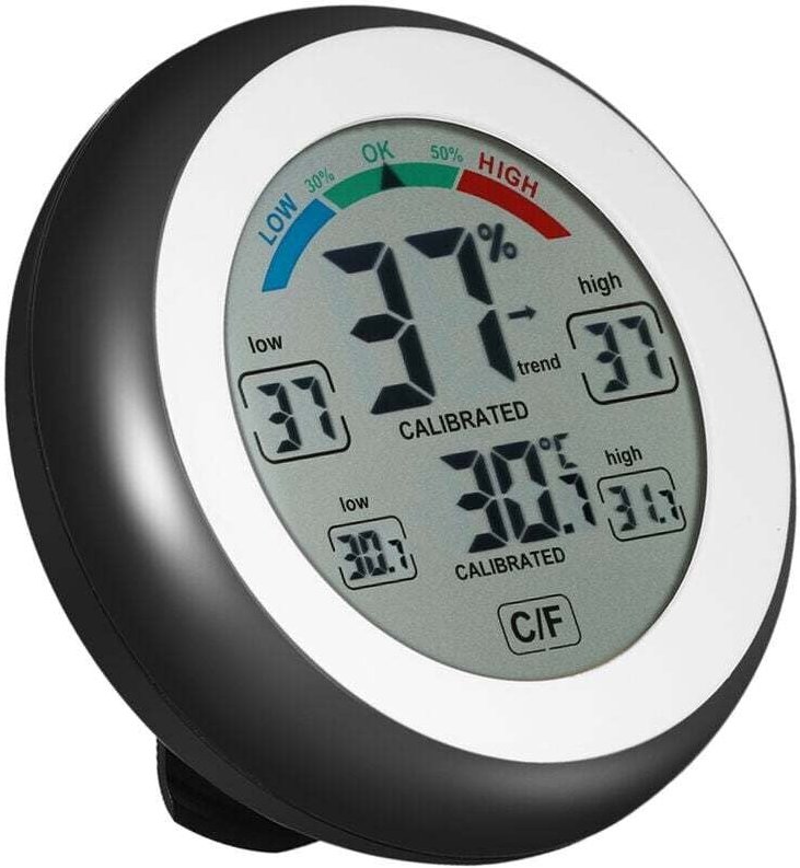 Rundes Touchscreen-Thermo-Hygrometer mit Uhr, Schwarz