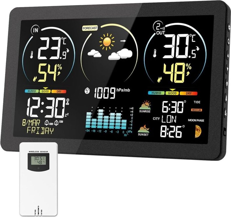 Wetterstation Funk mit Außensensor, Digital Farbdisplay DCF Funkuhr Innen und Außen Thermometer Hygrometer, Funkwetterst...