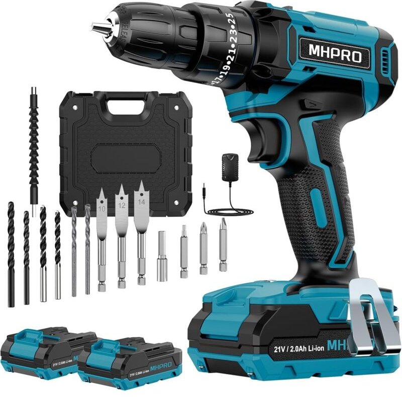 21-V-Akku-Bohrschrauber mit 2 x 2,0-Ah-Akkus, 42 Nm Schlagdrehmoment, 25+3 Drehmomentstufen, 14 Zubehörteilen, 2 Geschwi...