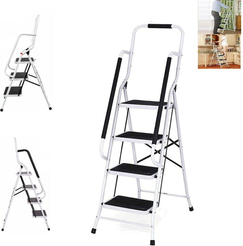 Trittleiter 4 Stufen Klappbar mit handlauf und Rutschfester Stufen, Klapptritt Klappleiter Klapptreppe Stehleiter Hausha...