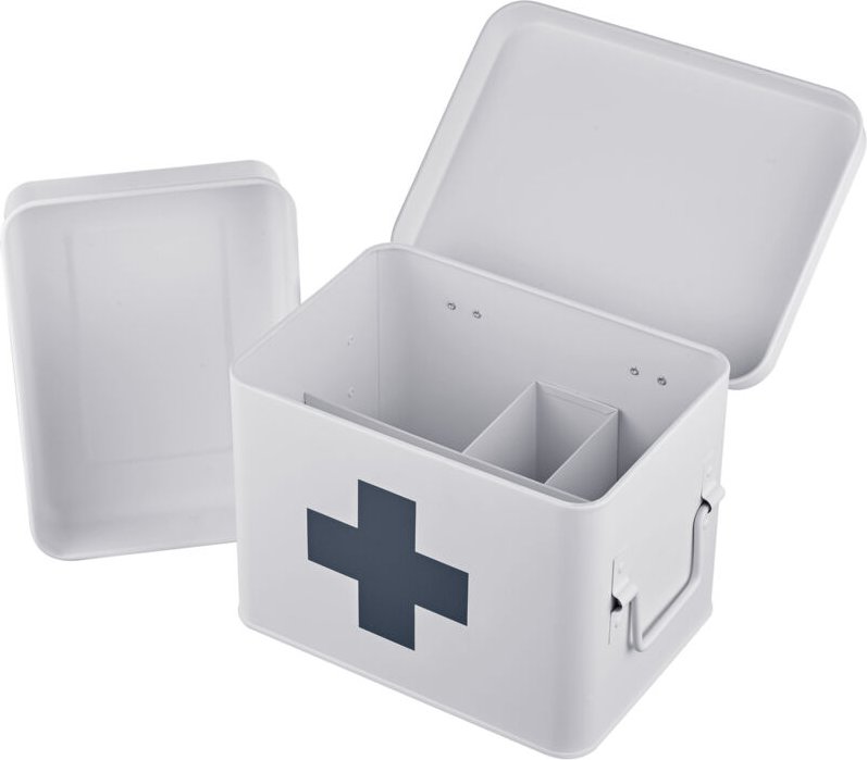 Relaxdays Medizinbox, 4 Fächer, entnehmbarer Einsatz, Hausapotheke Box, Metall, Griffe, HxBxT: 16 x 21 x 15,5 cm, weiß