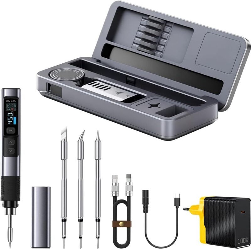 HS-02A 100W Tragbares Lötkolben-Set, Mini Smart Digitaler Lötkolben DC/PD für Elektronikreparaturen, Schnelles Aufheizen...