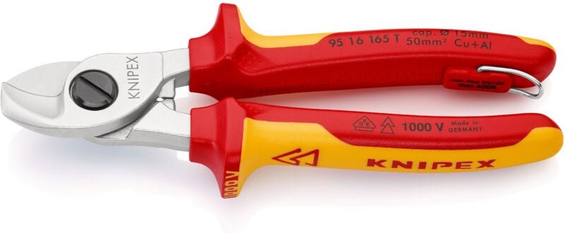 KNIPEX 95 16 165 T Kabelschere isoliert mit Mehrkomponenten-Hüllen, VDE-geprüft mit integrierter isolierter Befestigungs...
