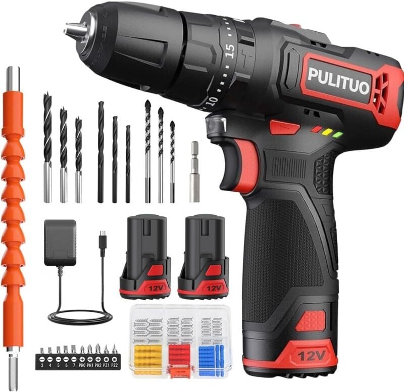 PULITUO Kompakte elektrische Bohrmaschine, 12-V-Akku-Bohrschrauber mit 2 x 1,5-Ah-Akkus, 2 Geschwindigkeiten, 1-Stunden-...