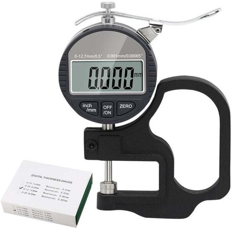 Digitales Dickenmikrometer 0–12,7 mm, Genauigkeit 0,01 mm, für Leder, Papier, Kunststoff und Metall, LCD-Anzeige (mm/Zol...