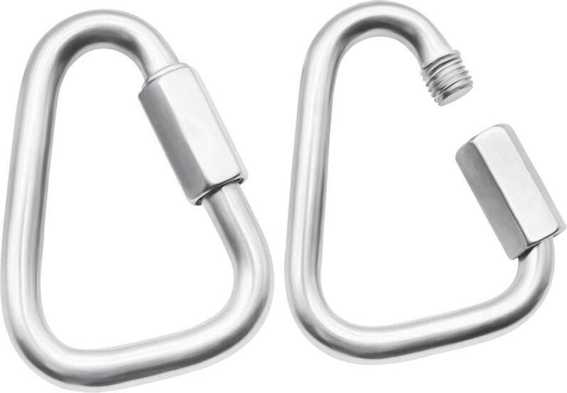 Set aus 2 robusten M10-Schnellverschlusskarabinern aus Edelstahl mit Dreieckverbindern und Schraubhaken