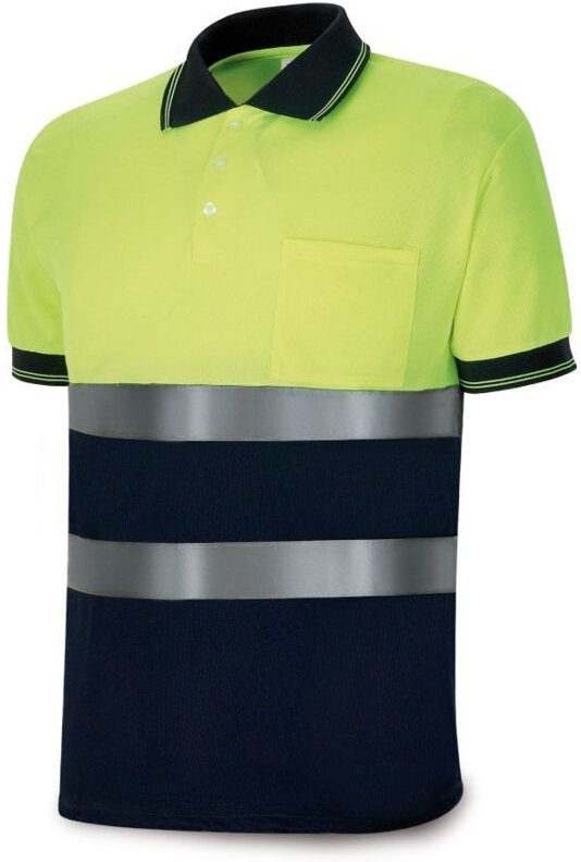 Fluoreszierendes gelb/marineblaues Poloshirt mit hoher Sichtbarkeit, kurze Ärmel, L