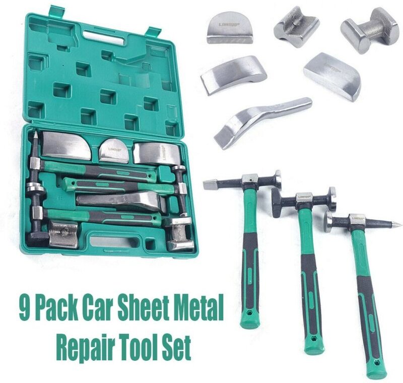 Set mit 9 Karosserieteilen Werkzeuge zur Reparatur von Karosserien mit grünem Griff Set mit Spatenhämmern und Schlagplat...
