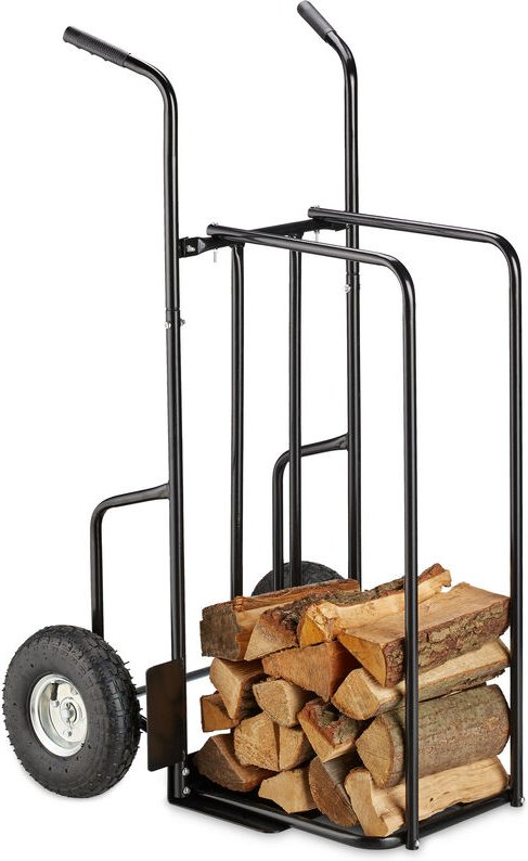 Relaxdays - xl Kaminholzwagen Metall, Brennholzkarre mit 2 großen Rädern, bis 200 kg, Transport & Aufbewahrung, schwarz