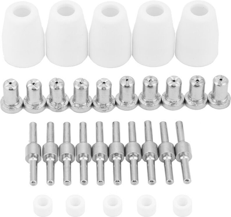30-teiliges Verbrauchsmaterialset für den PT-31XT Plasmabrenner: Düse, Elektrode, Schutzschild und Wirbelring.