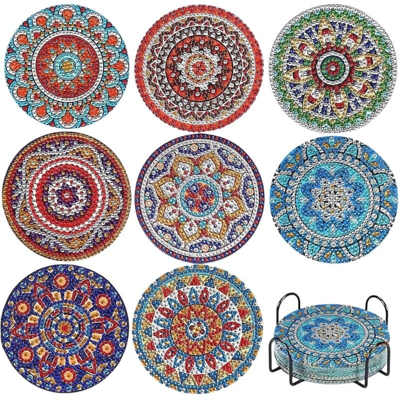 8er Set Mandala Diamond Painting DIY-Sets mit Halter, Diamant Tassenuntersetzer Bastelset, Geschenk für Erwachsene & Kin...