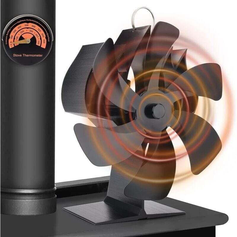 Kamin- und Ofenzubehör, 6-Blatt-Holzofenlüfter, wärmebetriebener Kaminlüfter mit Thermometer, umweltfreundlich für Holzö...