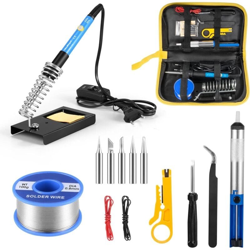 Ersandy - Lötkolben-Lötset, 60 w, 220 v, einstellbare Temperatur, mit 5 Lötköpfen, Entlötpumpe, Halterung, Lötdraht [Ene...
