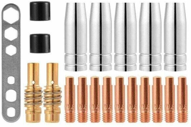 20-teiliges 15AK MIG/MAG-Schweißdüsen-Kontaktspitzen-Komplettset mit M6-Gasanschlusshalter 0,8 x 25 mm (10 x Kontakte, 5...