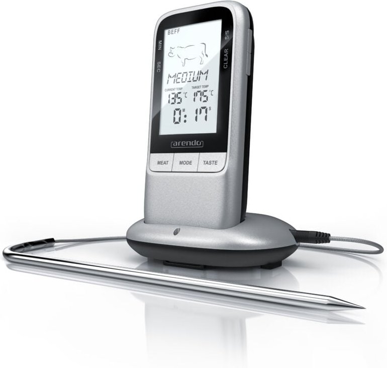 Arendo Grillthermometer digital Funk Kabellos - Fleischthermometer mit Edelstahlsonde - Kerntemperatur - Alarm - BBQ Ste...
