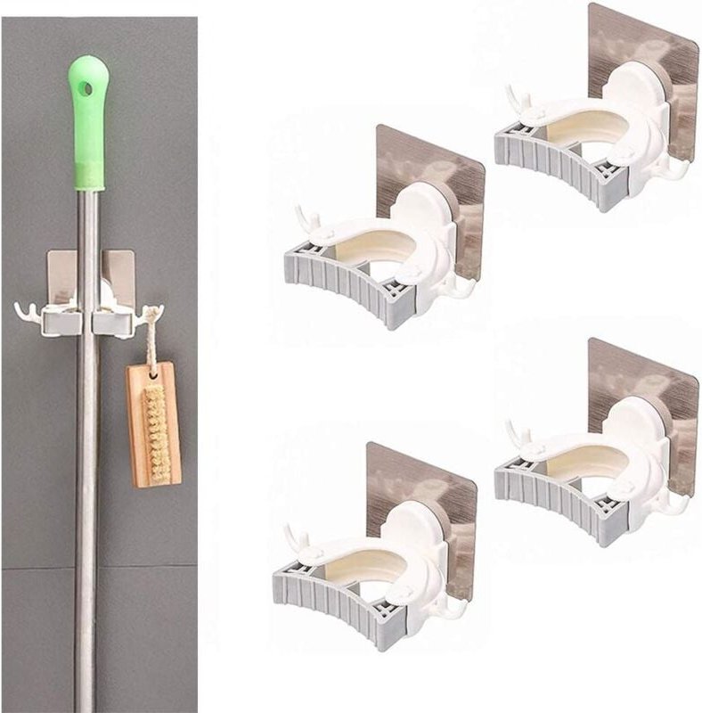 4-teiliger Besenhalter, selbstklebender Mopphalter mit Haken, selbstklebendes Wandregal zur Aufbewahrung von Werkzeugen ...